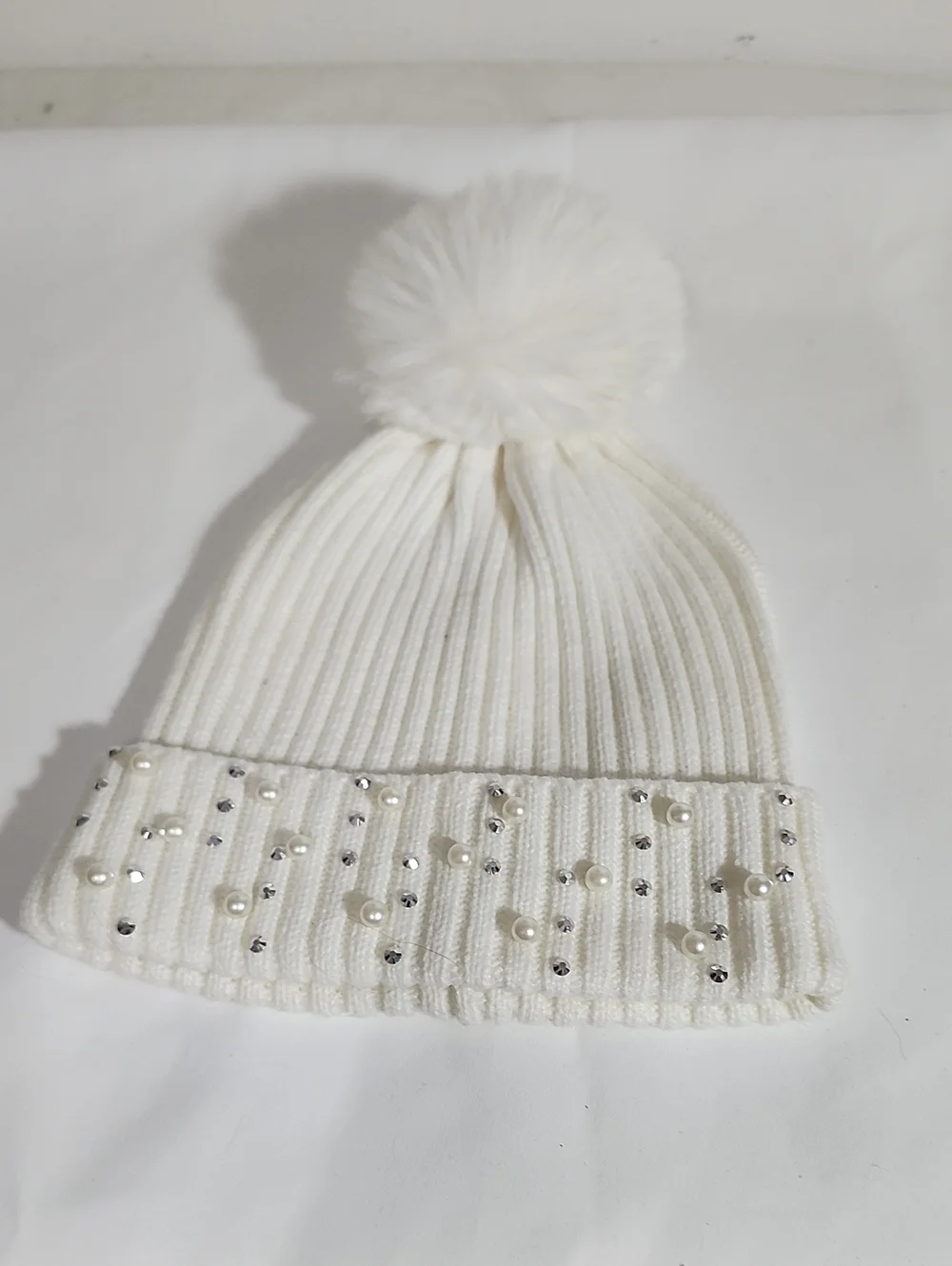 Women White Pom-Pom Beanie Hat with Pearls and Rhinestones